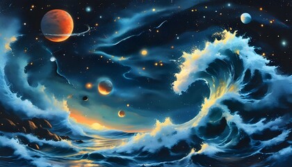 Wall Mural - Whimsical fantasy night sky merging enchanting stars, vibrant planets, and dreamy ocean waves in a surreal cosmic landscape