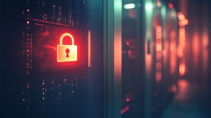 Poster - Red lock icon on a server in a dimly lit data center. Highlights digital security and data protection.