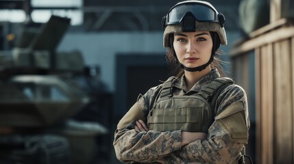 Wall Mural - Central Asian Female Soldier in Full Combat Gear with Military Vehicles, Representing Strength, Diversity, and Courage