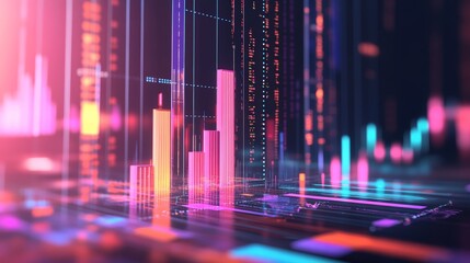 Aufkleber - Neon 3D business graph with futuristic pink and blue lines on a dark background. Financial data analysis and business growth concept.
