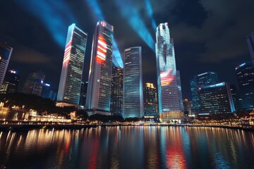 a modern cityscape with skyscrapers illuminated by festive lights and projections of the national flag for the founding day celebrations.