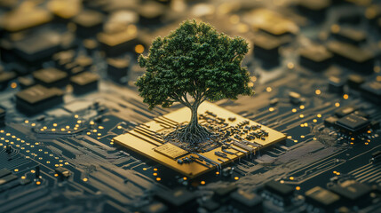 Poster - The fusion of nature and technology: lush green tree sprouting from a processor chip on a motherboard