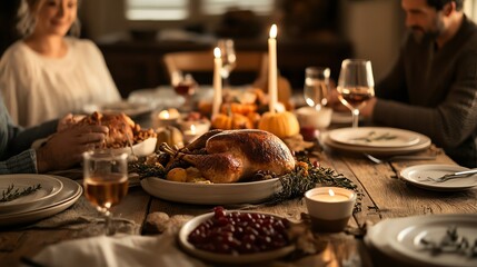 Cozy Thanksgiving dinner with family and friends, featuring roasted turkey, candles, and a festive table setting.