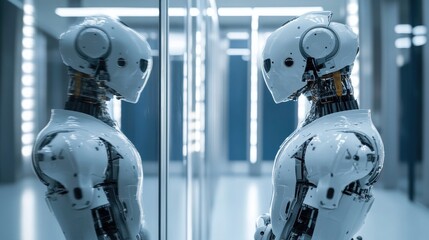 Poster - A robot with advanced AI inspects its reflection in a high-tech lab, reflecting a blend of human-like curiosity and scientific innovation.
