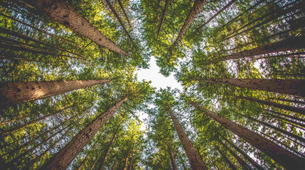 Poster - Glowing sun illuminating dense redwood forest, creating peaceful atmosphere as majestic trees reach sky. Looking up evokes sense of awe in lush surroundings