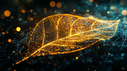 Poster - Innovative nature technology: shimmering golden leaf with particle and network connections on a dark background