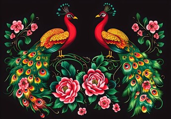 Two Peacocks with Flowers