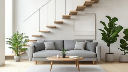 Cute grey sofa in room with staircase Scandinavian home interior design of modern living room