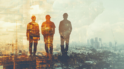 Canvas Print - Three engineers are designing a sustainable construction project against a backdrop of a double exposure cityscape