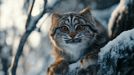 Wall Mural - cat in snow, manul cat, manul isolated, animal photo, wildlife, nature photography