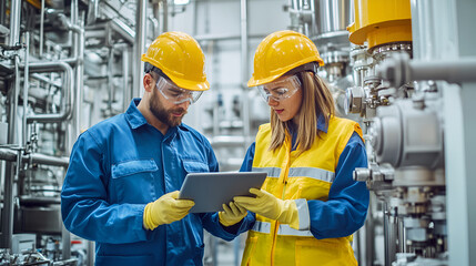 Two industry professionals in safety gear are inspecting a manufacturing plant using a digital tablet