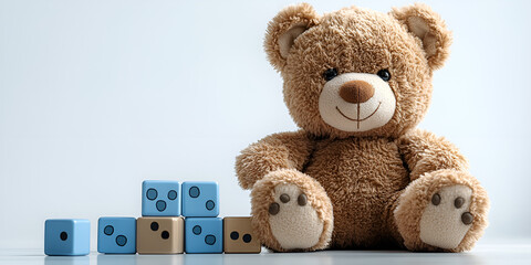 Wall Mural - A cute teddy bear rests next to a set of blue dice, adding charm to the playful arrangement.