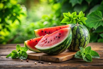 Freshly sliced juicy watermelon arranged on a rustic wooden table, surrounded by vibrant green leaves and a few