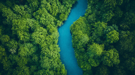 Poster - Tranquil blue river meanders through lush green forest, creating a serene and harmonious natural scene