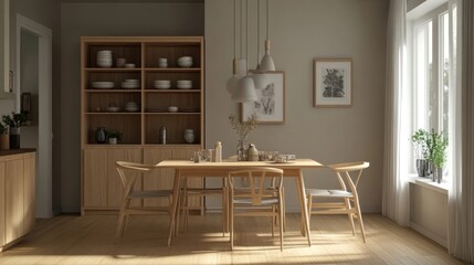 Interior design of modern scandinavian dining room with cupboard