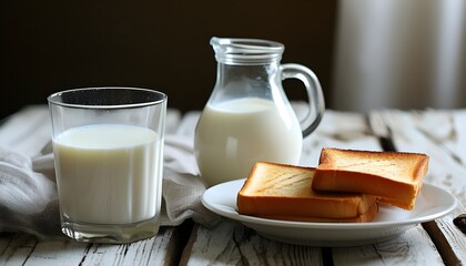 Delicious breakfast spread featuring fresh milk and assorted treats