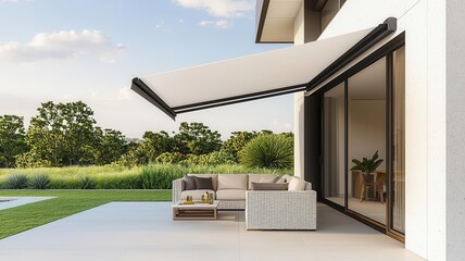 Modern retractable awning providing shade for outdoor patio furniture