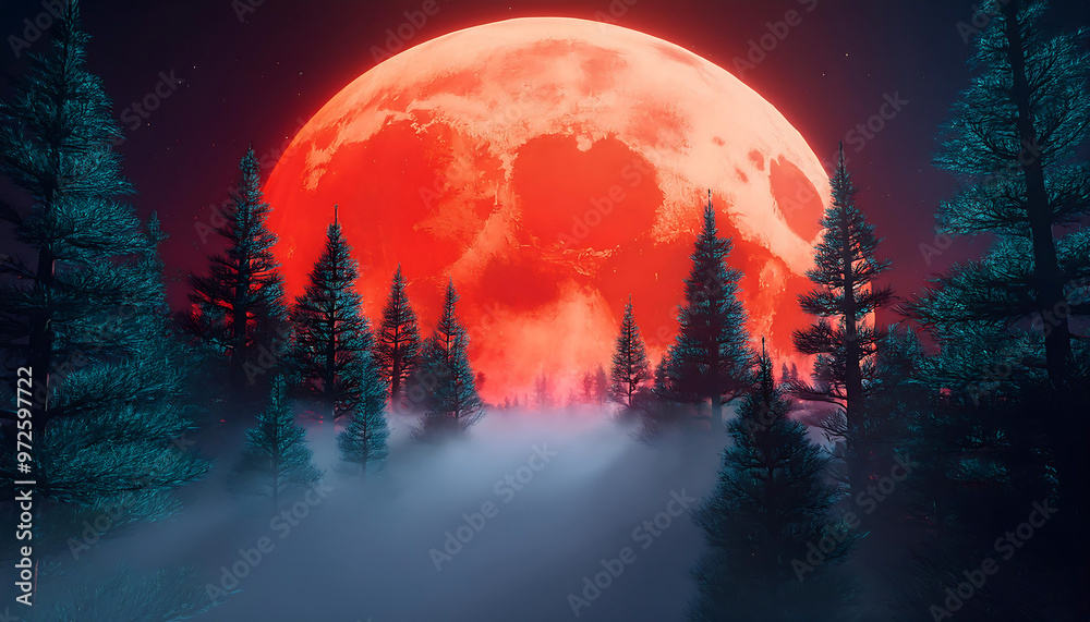 Pine trees in front of a big red moon, with fog rolling in, creating a ...