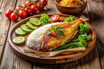 Golden-brown fried fish fillet, crispy on the outside and tender on the inside, served with steaming hot rice