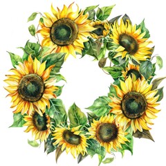 Wall Mural - Bright Sunflower Wreath on White Background. Vibrant Summer Floral Design