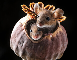 Wall Mural - Two mice that have a nest in the head of a dry plant. Two mice with their heads out of the nest