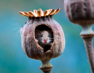 Wall Mural - The head of a poppy plant in which sits a mouse