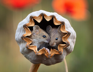 Wall Mural - A family of mice that have a nest in the head of a dry poppy plant. A family of mice with their heads out of the nest