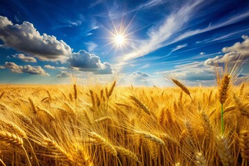 Wall Mural - Golden wheat sways gently in the breeze, rippling across a vast, sun-drenched field, under a brilliant blue sky