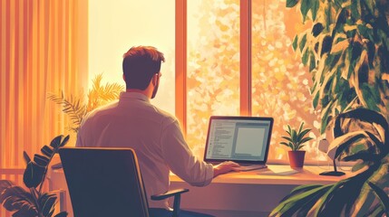 An artistic rendering of a man working at a desk, laptop open, with a serene background of a window and plants.