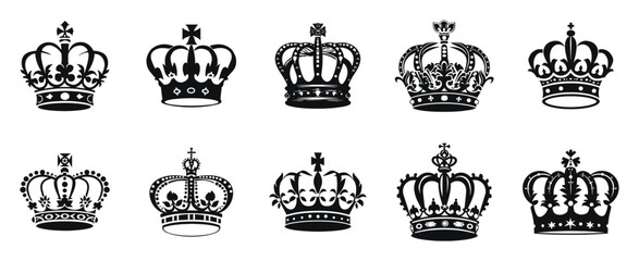 Black and white royal crown vector illustration. Set of ornate vintage royal headdress in different designs.