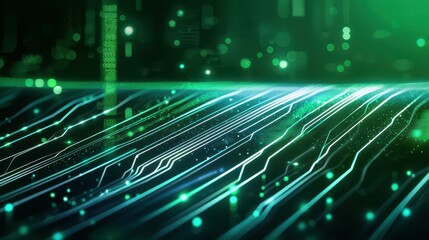 Poster - Abstract green digital technology background with glowing lines and circuits.