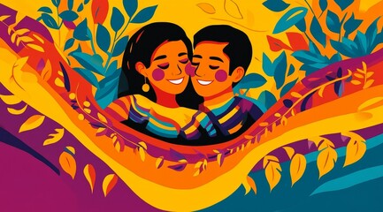 A vibrant celebration of love between two figures surrounded by colorful foliage in a joyful, artistic interpretation of connection during a sunny day