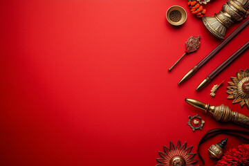 Indian festivity flat lay composition with copy space on red background