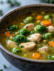 Canvas Print - Brussels sprouts soup with chicken . AI generative,