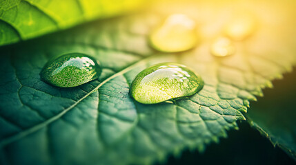 Poster - Stunning image capturing the beauty of nature, with water droplets gently adorning a lush green leaf, bathed in golden sunlight