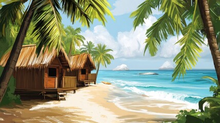 Wall Mural - An illustration of a tropical beach with palm trees and wooden beach huts, the ocean waves softly crashing in the background