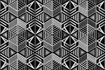 High-contrast black and white geometric pattern wallpaper in 4K resolution, featuring intricate shapes and textured