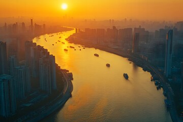  Aerial view of a bustling cityscape at sunset