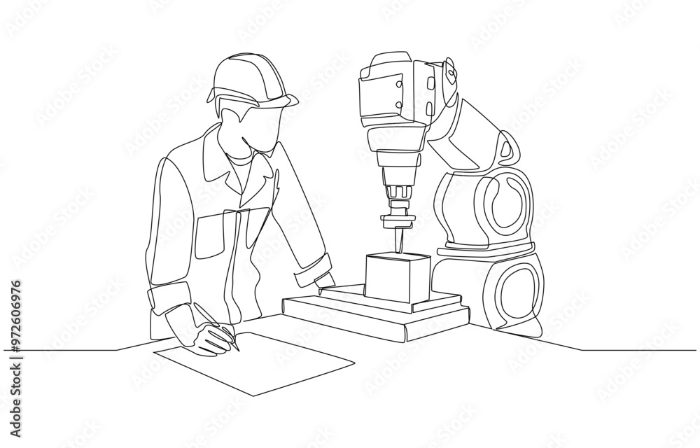 Continuous one line drawing of engineer checking performance of lathe ...