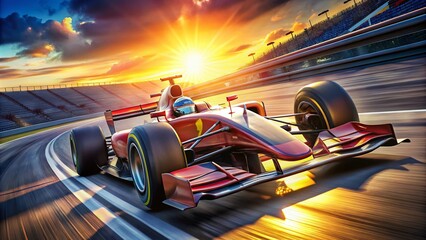 High-speed Formula One racing car zooms around a curved track, sleek design and vibrant livery gleaming in the