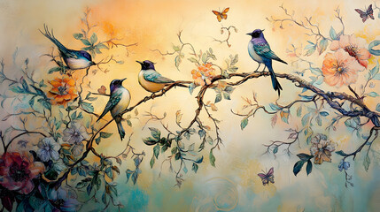 Wall Mural - A dynamic mural with flowing vines, birds, and flowers, blending colors in a harmonious scene