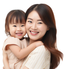 Asian toddler daughter hugging happy mother cheerful portrait family.