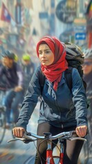 Poster - A woman wearing a red scarf rides a bicycle in a busy city street
