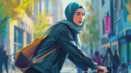 Poster - A woman wearing a blue scarf and a yellow backpack rides a bicycle down a street
