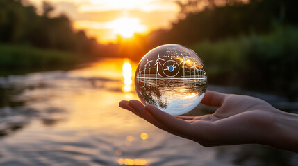 Sustainable energy and environmental conservation symbolized by a crystal ball held with windmills reflecting in the water at sunset