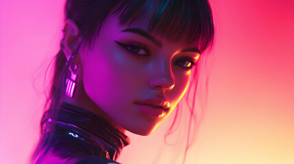 Canvas Print - A futuristic portrait of a young woman in stylish neon-colored clothing under pink and peach lighting, futuristic cyber setting, with a banner