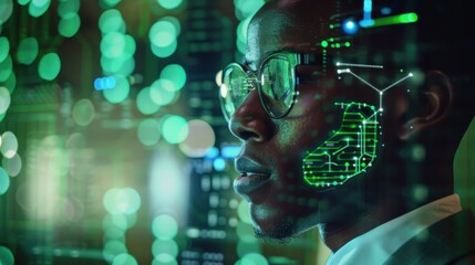 Fototapete - A man wearing glasses is looking at a computer screen with a green background