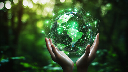 Poster - Businessman is holding a green planet earth globe hologram with connecting lines above his hands in a forest