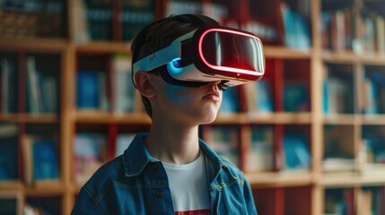 Fototapete - A boy wearing a virtual reality headset stands in front of a bookshelf