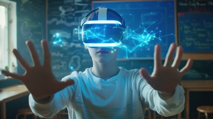 Aufkleber - A boy wearing a virtual reality headset is reaching out to touch a blue line
